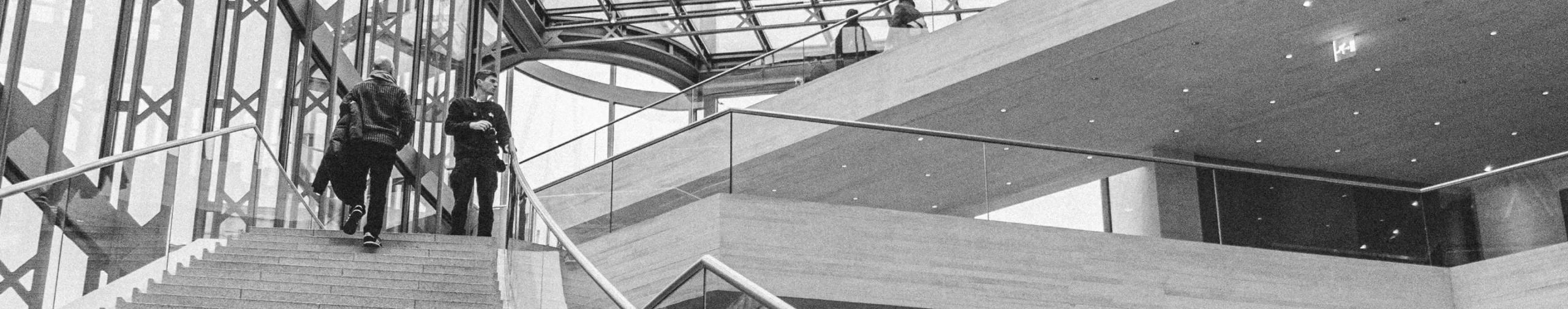 People walking up the stairs of a large building