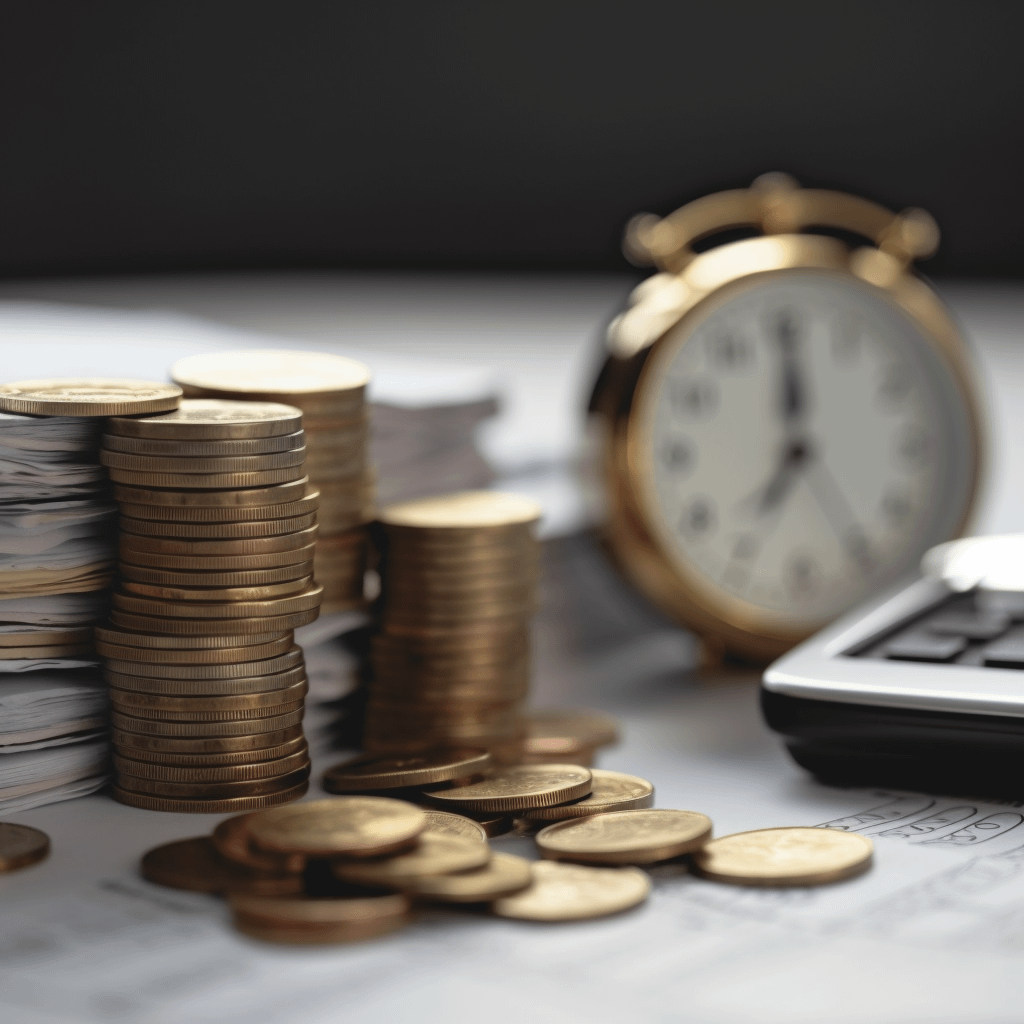 a stack of coins and documents in the foreground, a clock and a calculator in the background