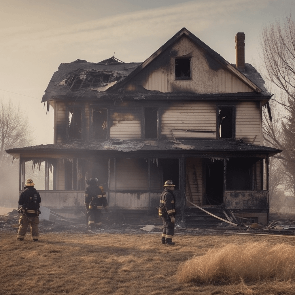 a house destroyed by fire, firemen can be seen walking around to inspect further damage