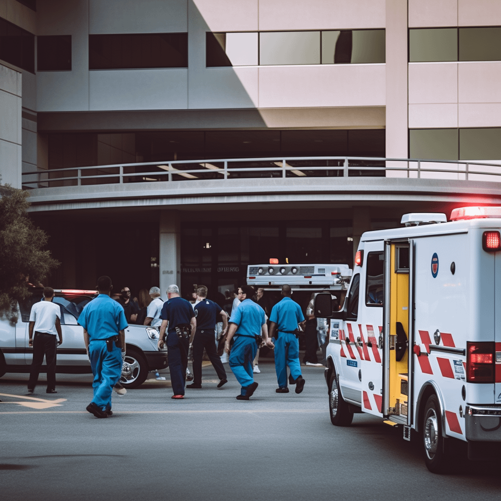 an ambulance next to the emergency room of a hospital, people in blue scrubs walking by