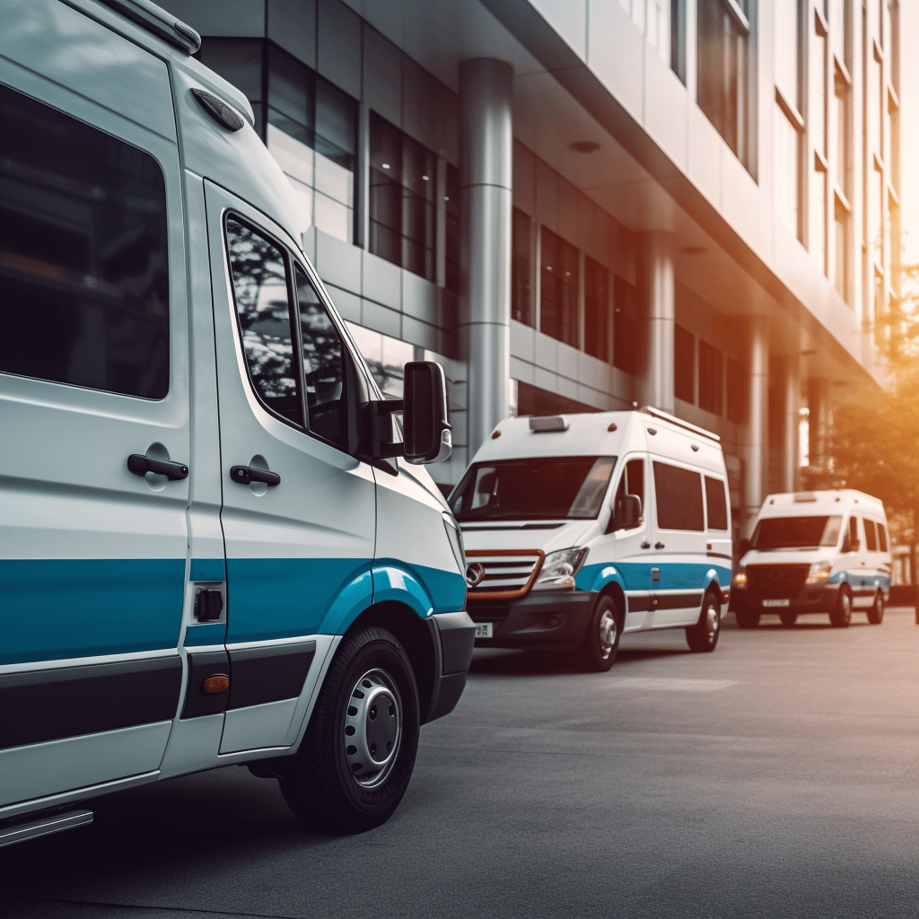 ambulance vans lined up outside a hospital