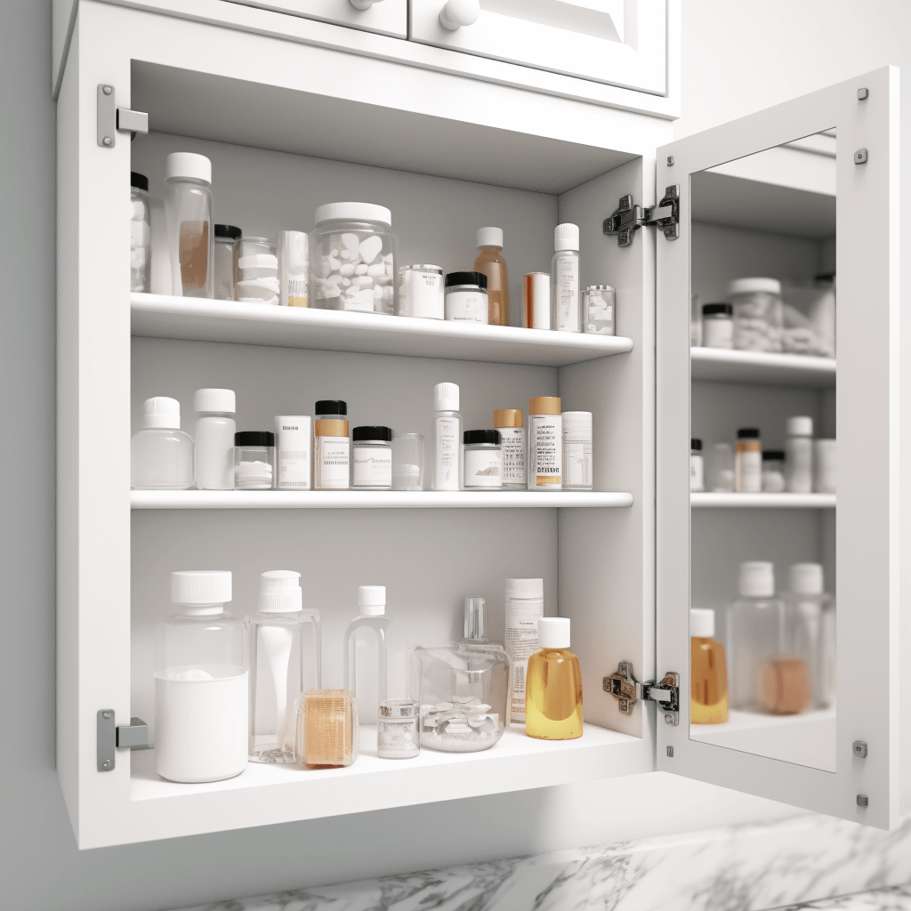 a medicine cabinet containing prescription pills, among other things