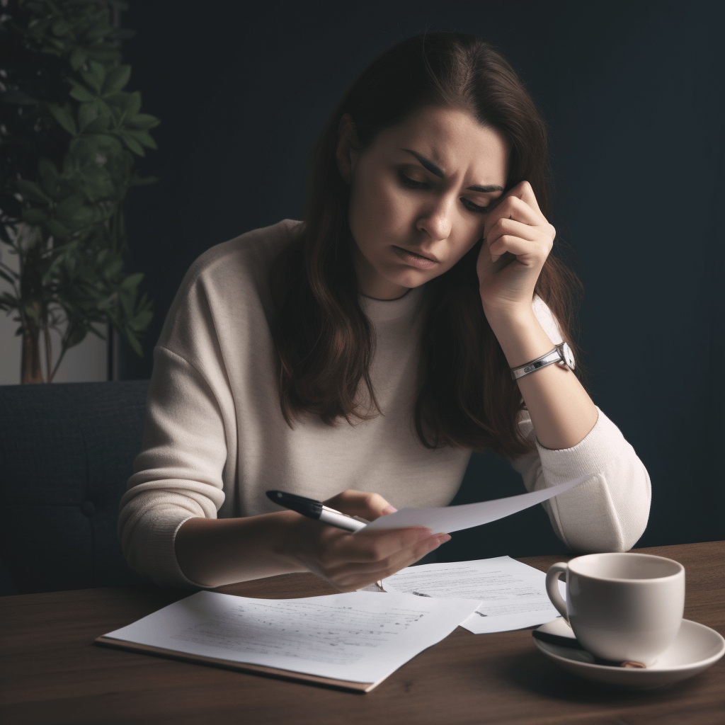 a person staring at a bunch of papers, looking upset