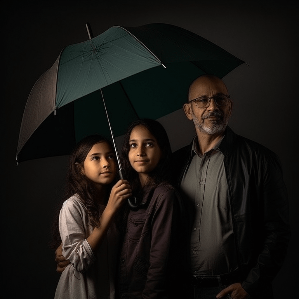 a family of two daughters and a father standing under an umbrella