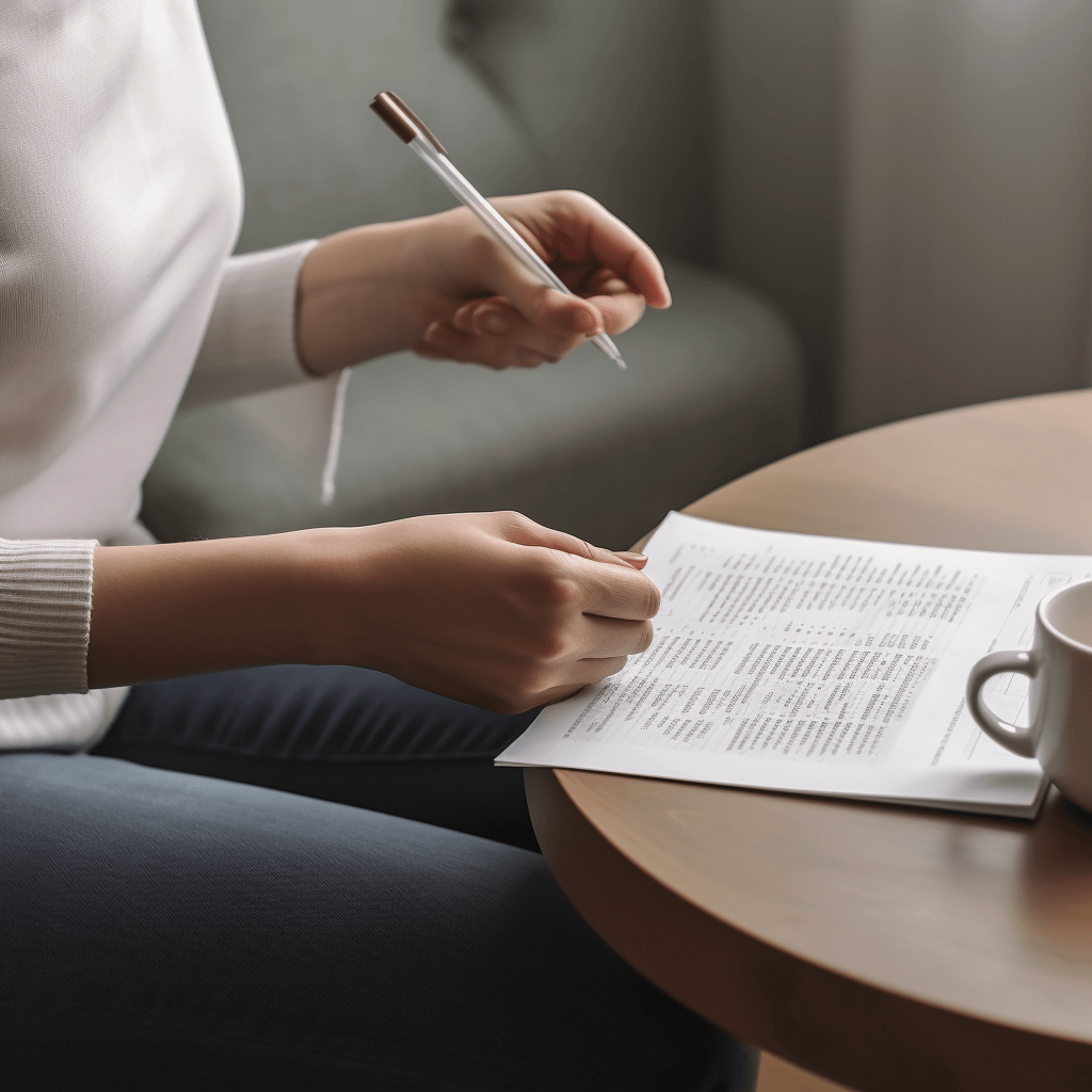 a table with documents and coffee, and a person about to sign the papers