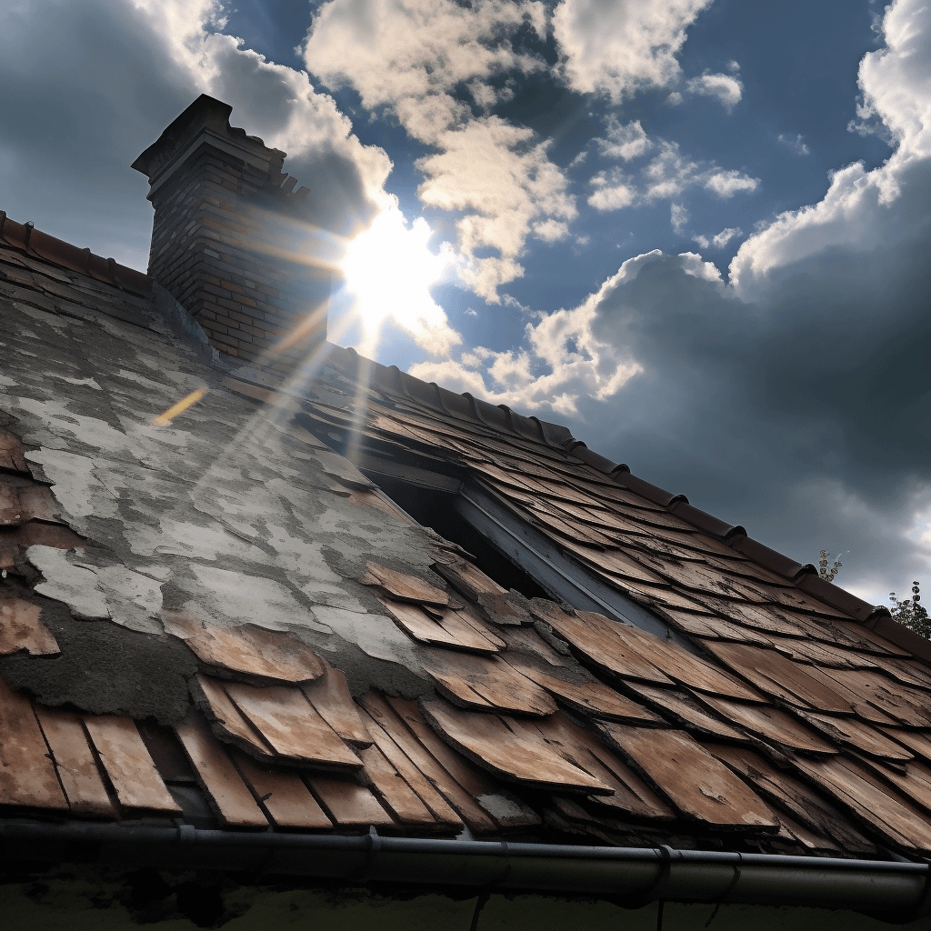 a cracked roof of a house, sunlight and clouds can be seen from the crack