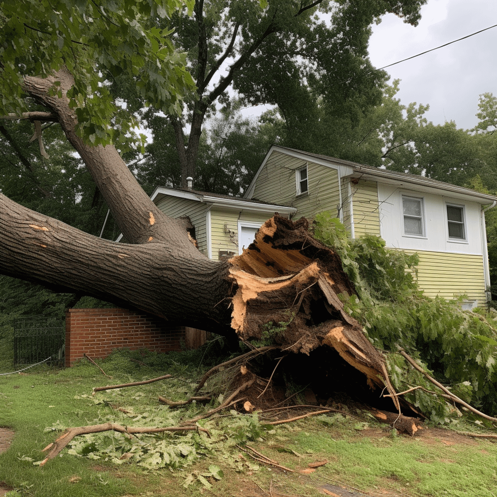 fallen tree in front of a house