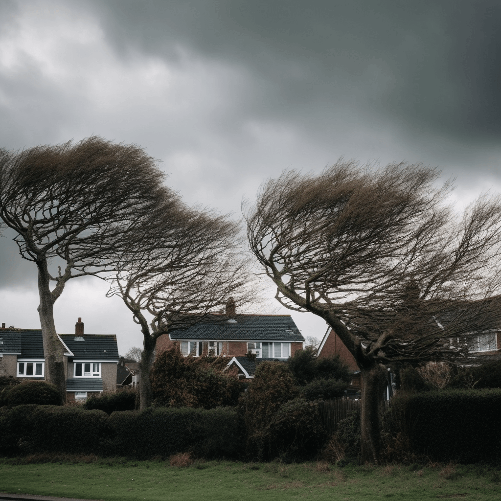 trees moving in the direction of winds, houses in the background, grey sky