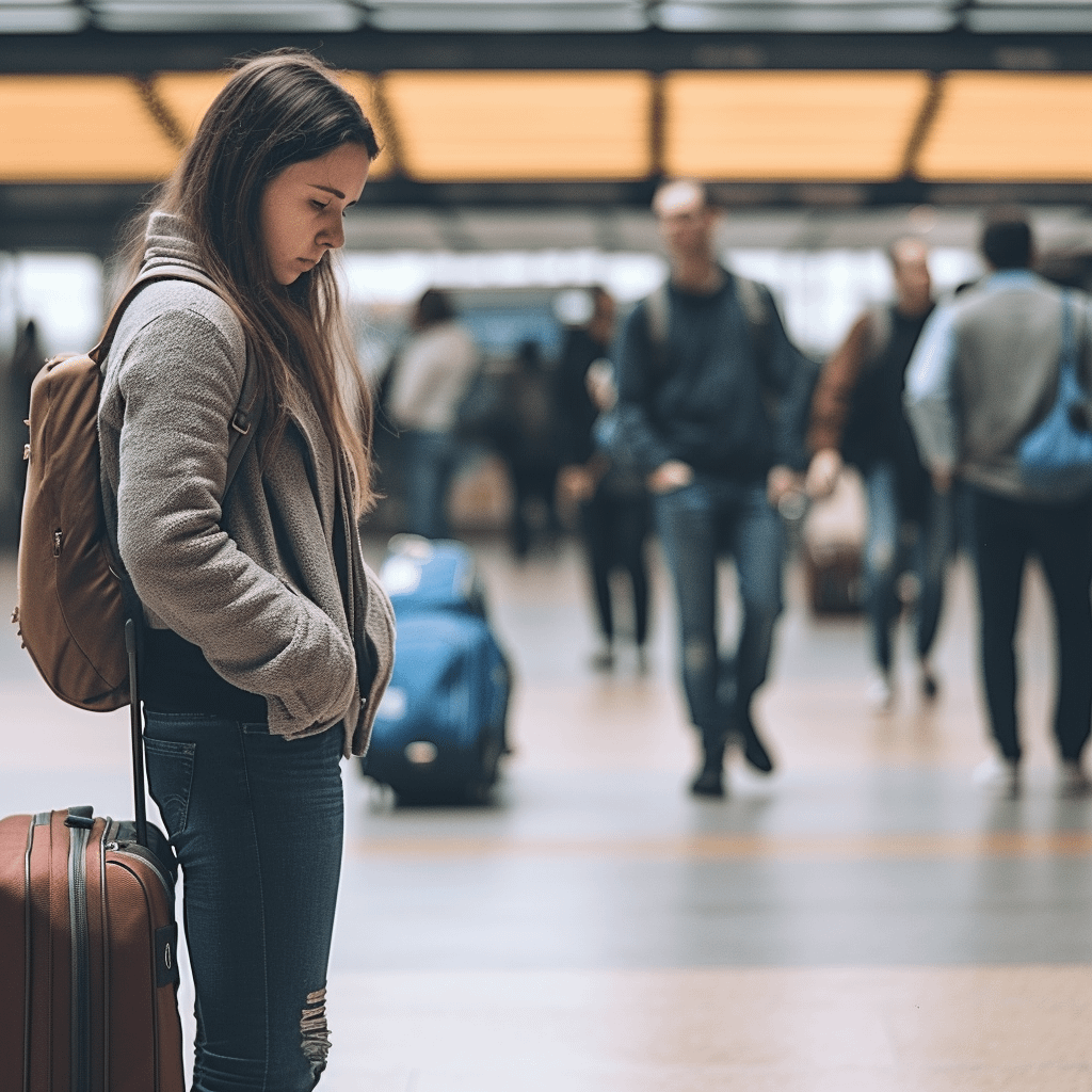 a person carrying a backpack looking upset, people walking by in an airport