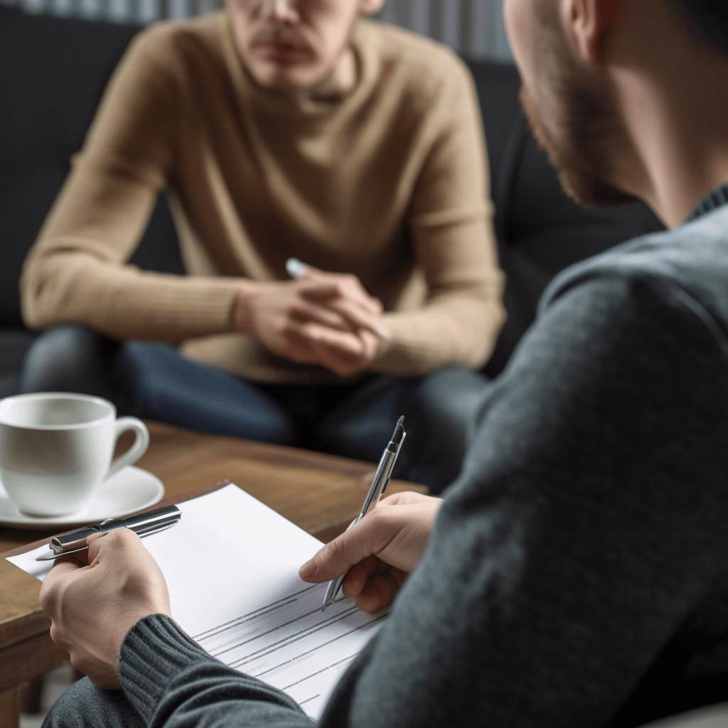 A person talking to someone holding a paper and pen