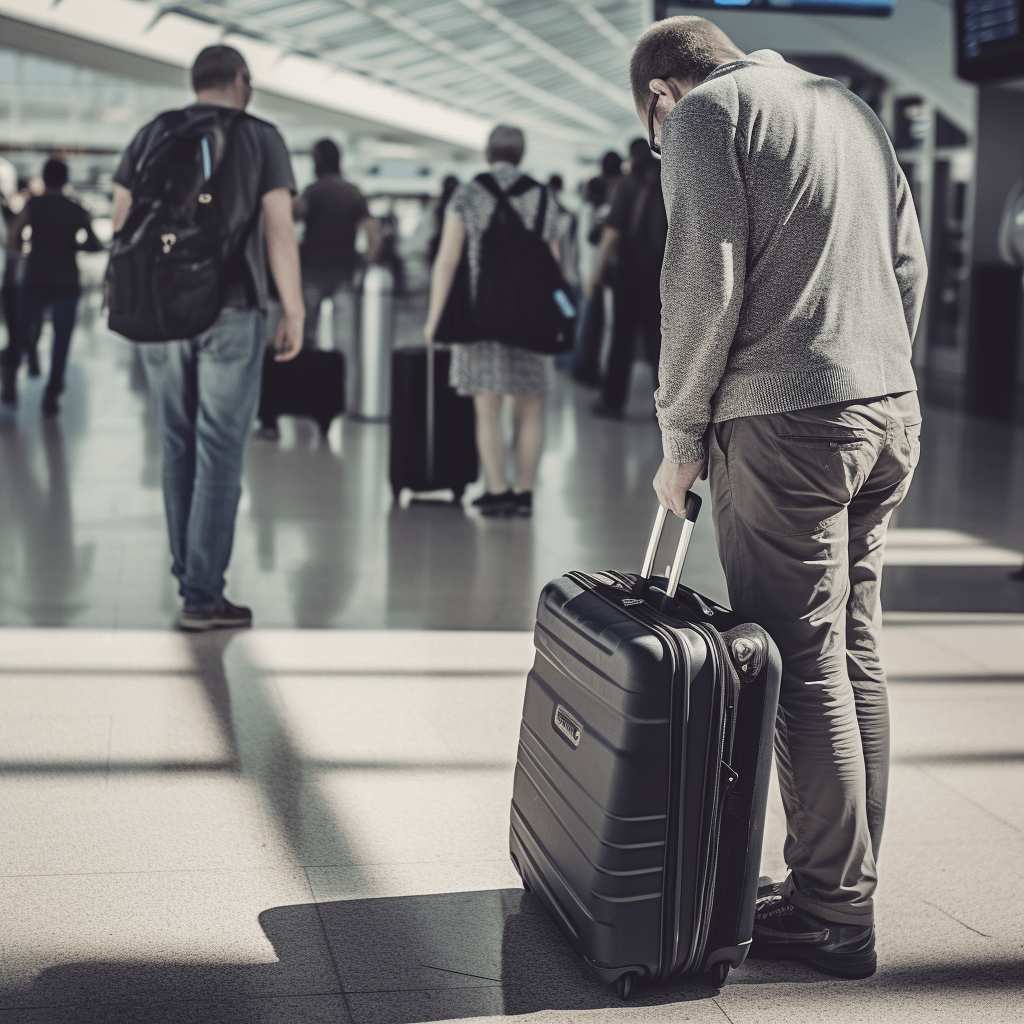 a stressed person holding on to their bag at the airport, people walking around