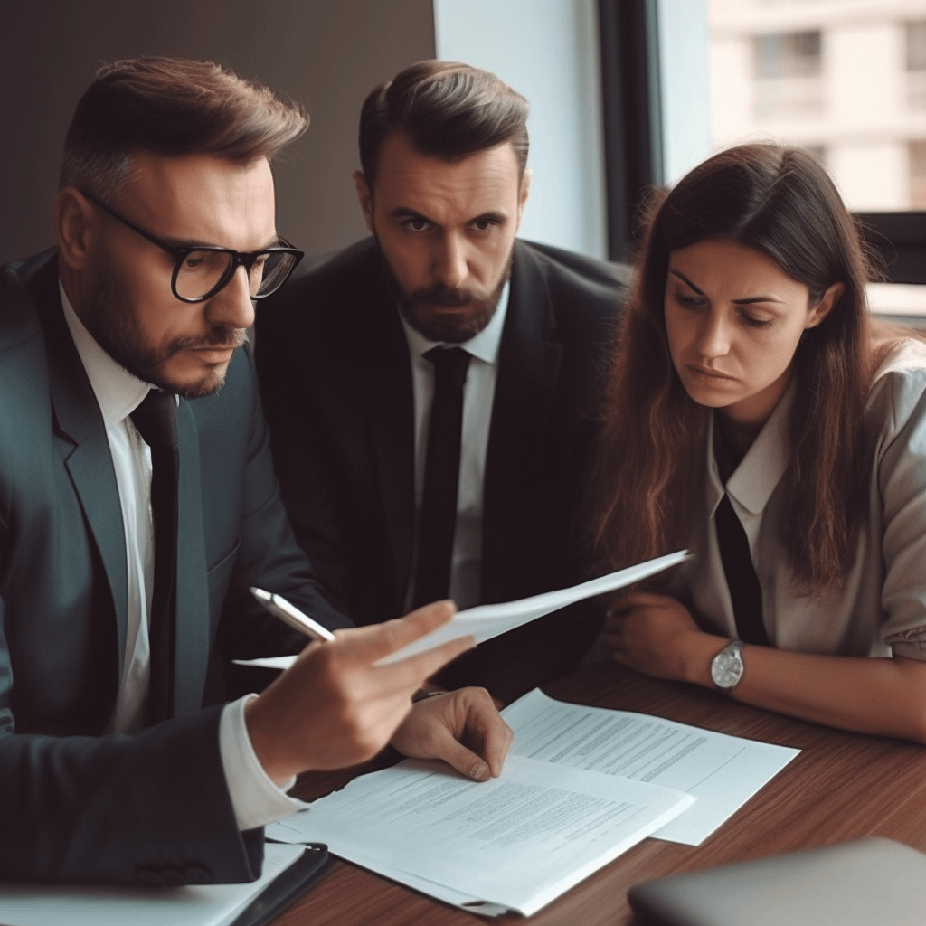 an insurance agent sitting tight-lipped, staring at a bunch of documents, next to two people who look worried