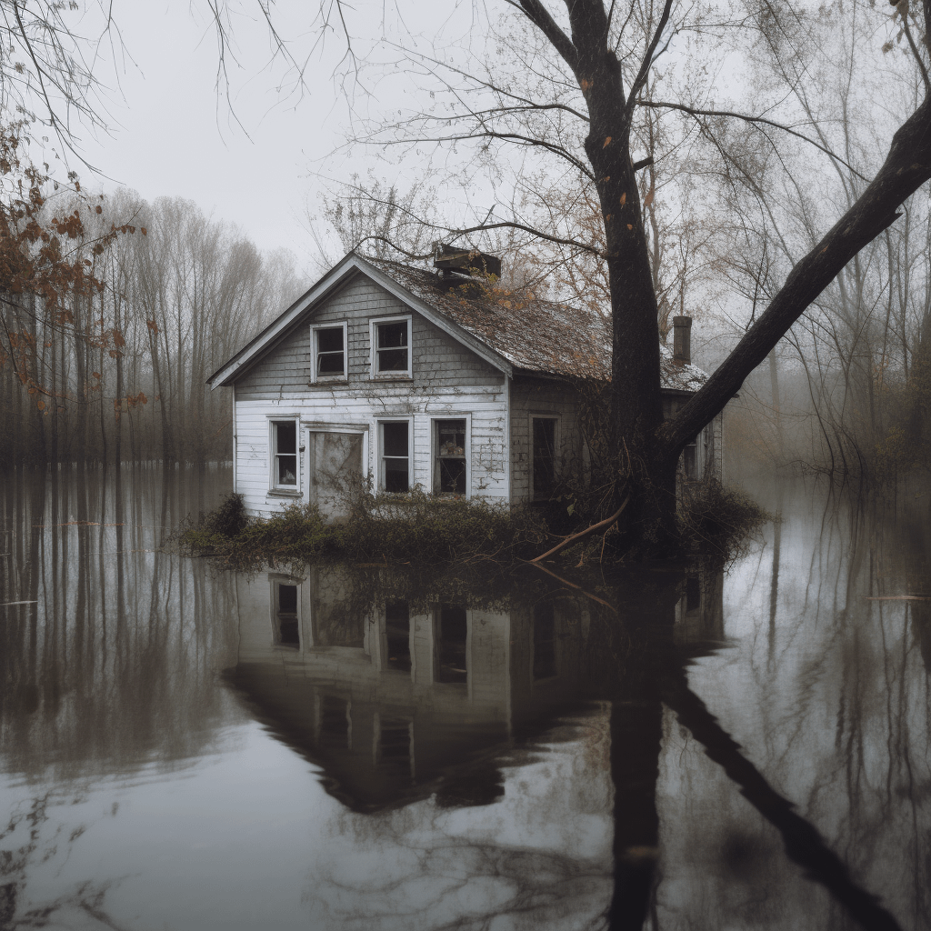A house surrounded by flooded water and trees