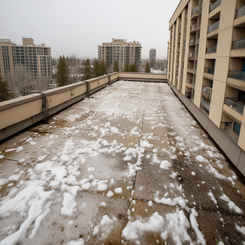 a rooftop covered in hail, causing cracks