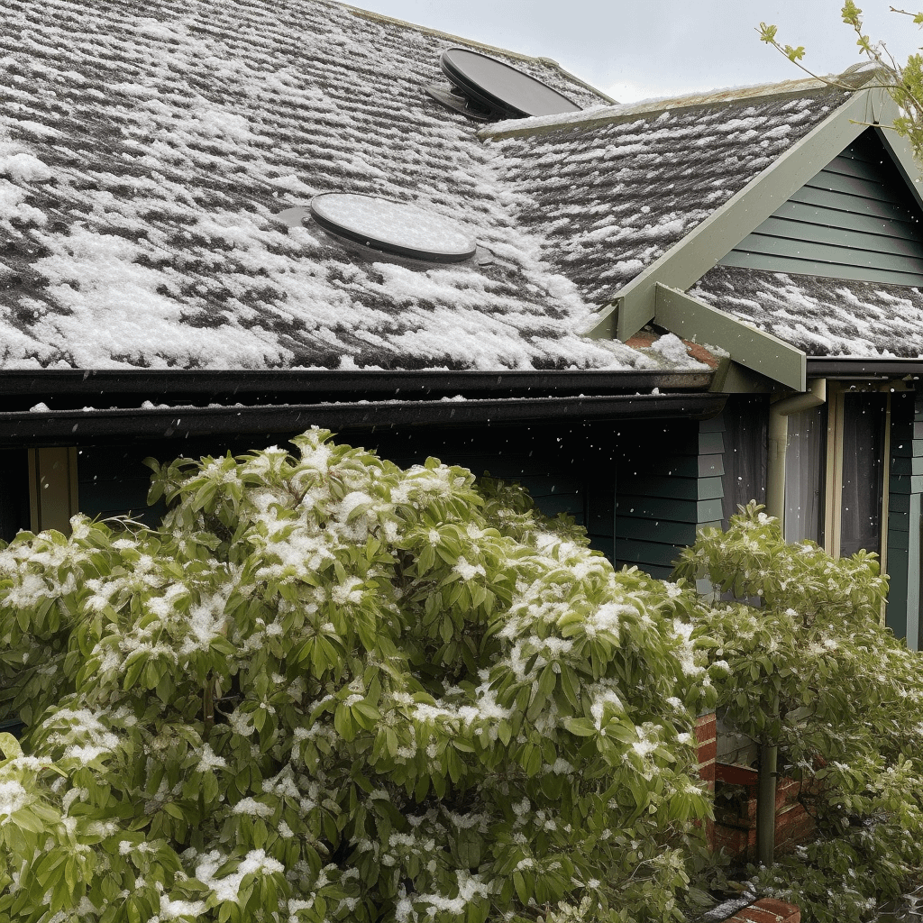 the slanted roof of a house covered in hail 