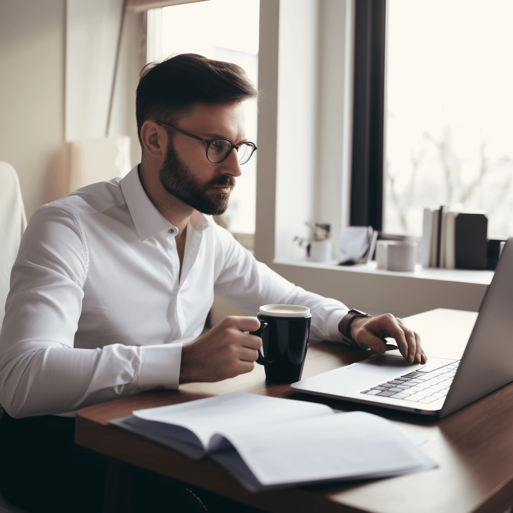 A business owner sitting at an office staring at their laptop and holding a mug of coffee