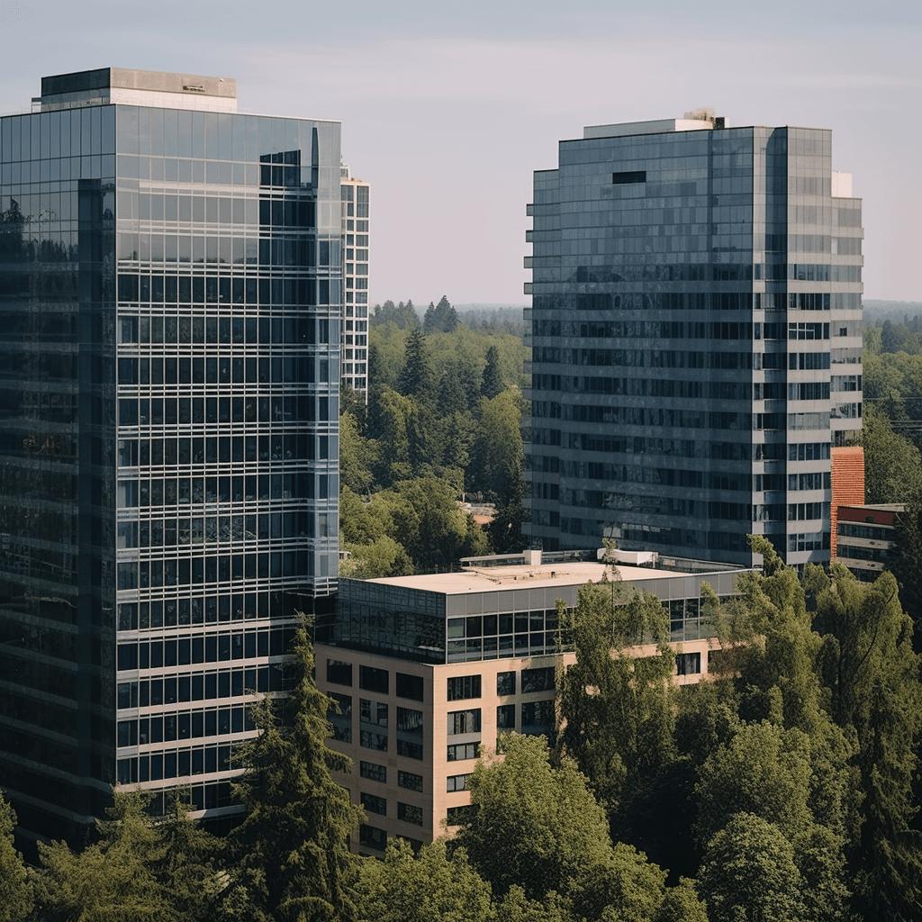commercial real estate property, surrounded by trees