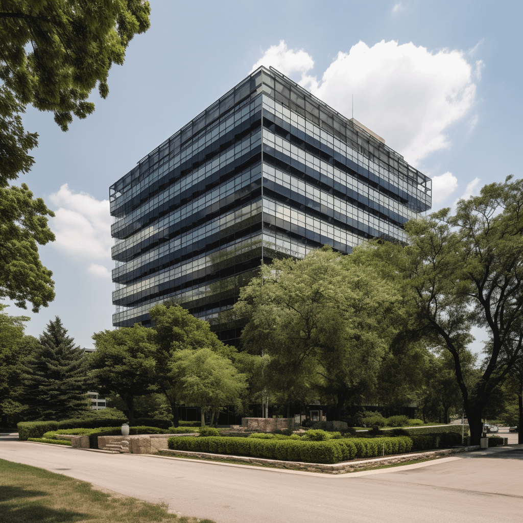 commercial real estate property, surrounded by trees