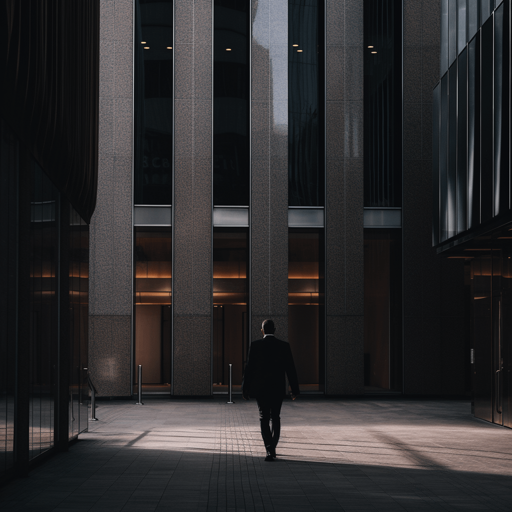 A person in suits leaving a large corporate building, dark background