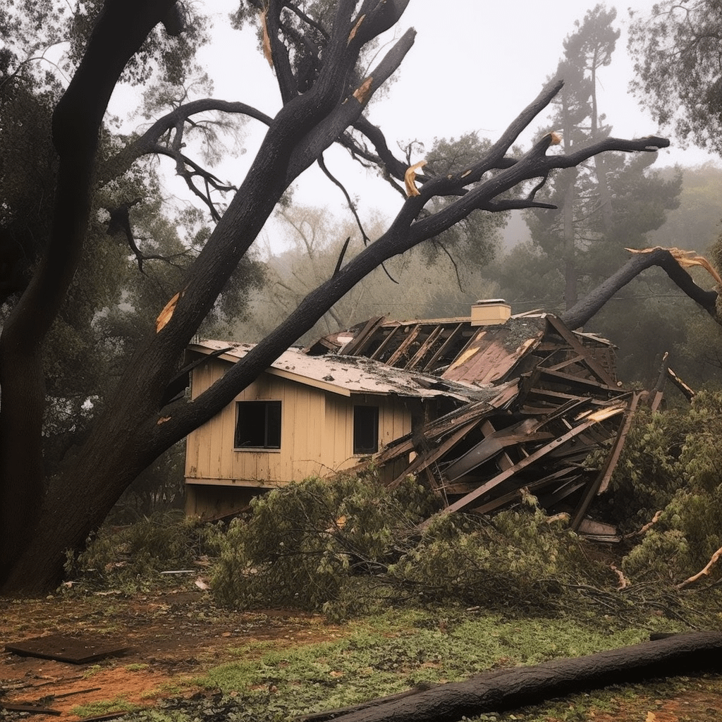 A house with a slanted roof destroyed by a tornado, next to it are trees with their branches falling off
