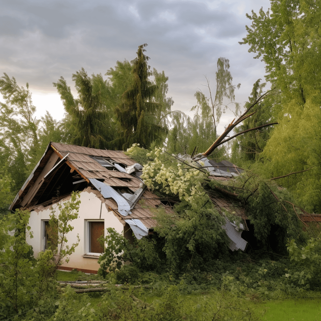 A house with a slanted roof destroyed by a tornado, next to it are several trees with their branches falling off