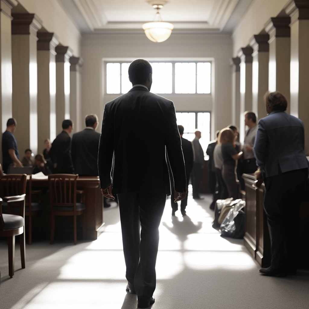 a lawyer walking towards a courtroom, people around