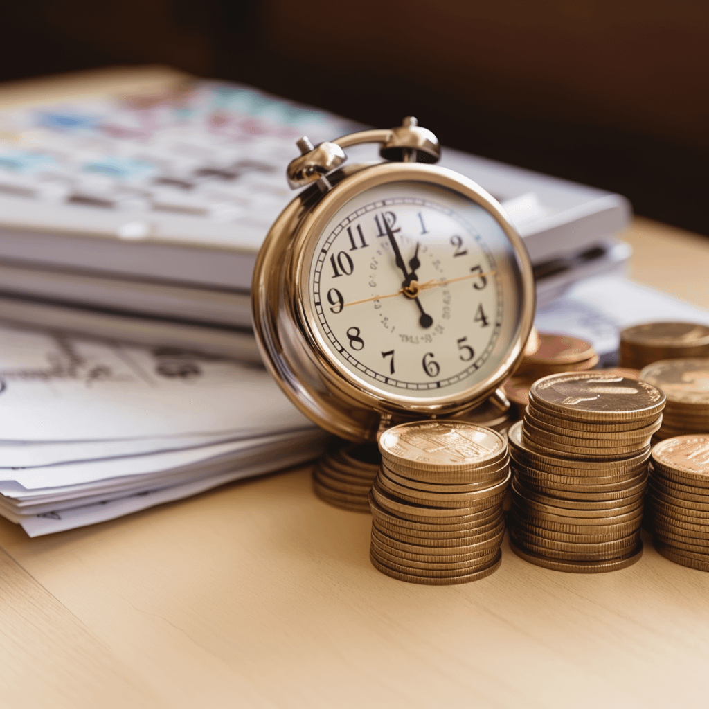 a stack of coins on top of insurance papers in the foreground, a clock in the background
