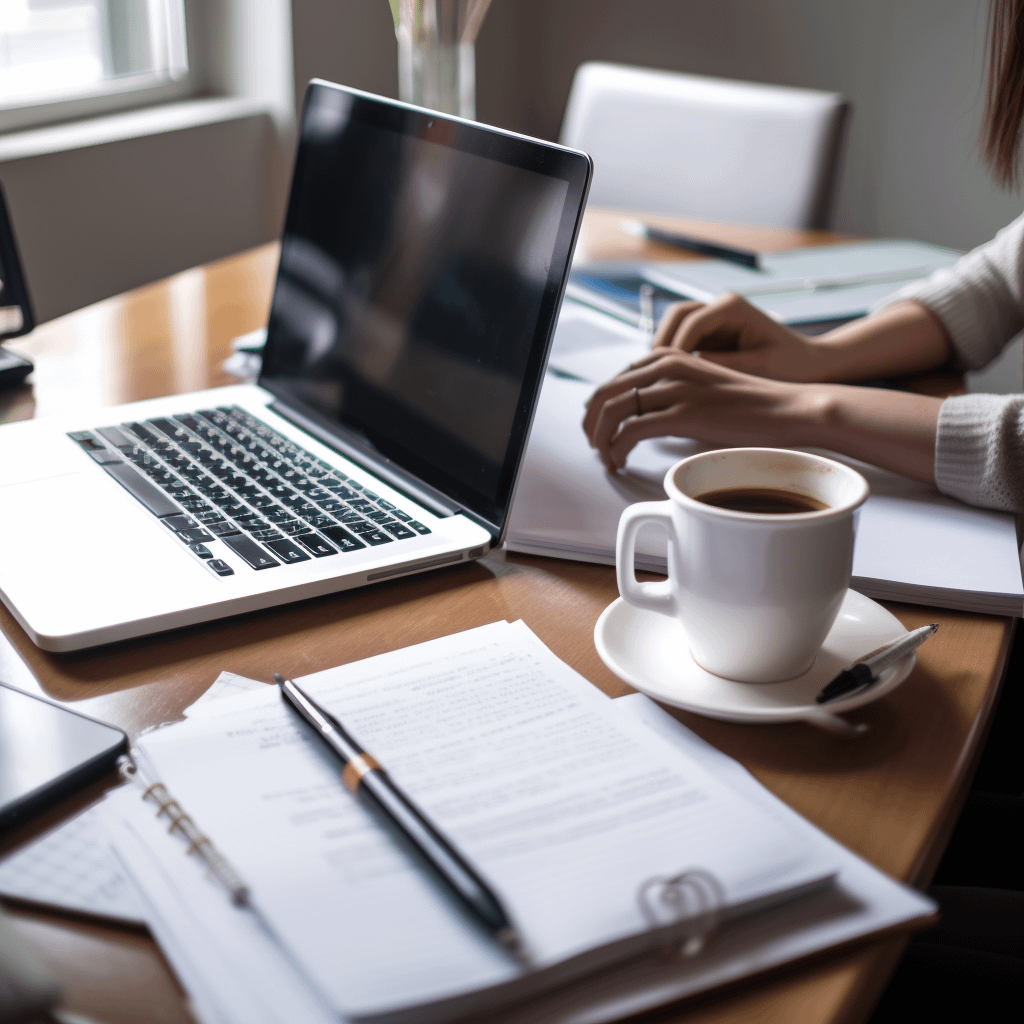 A laptop, some documents, pens, and a coffee mug are seen on an office table