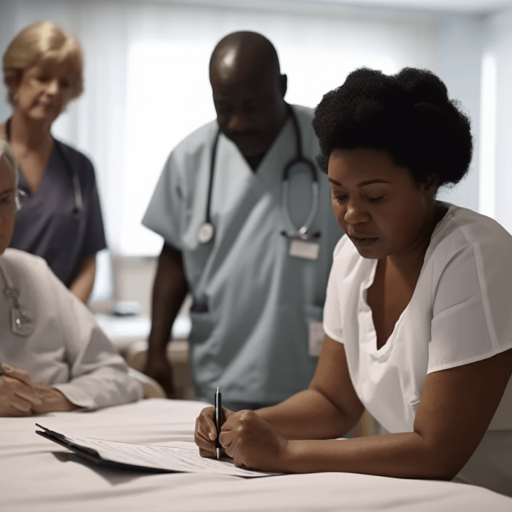 A patient in a hospital, signing insurance documents