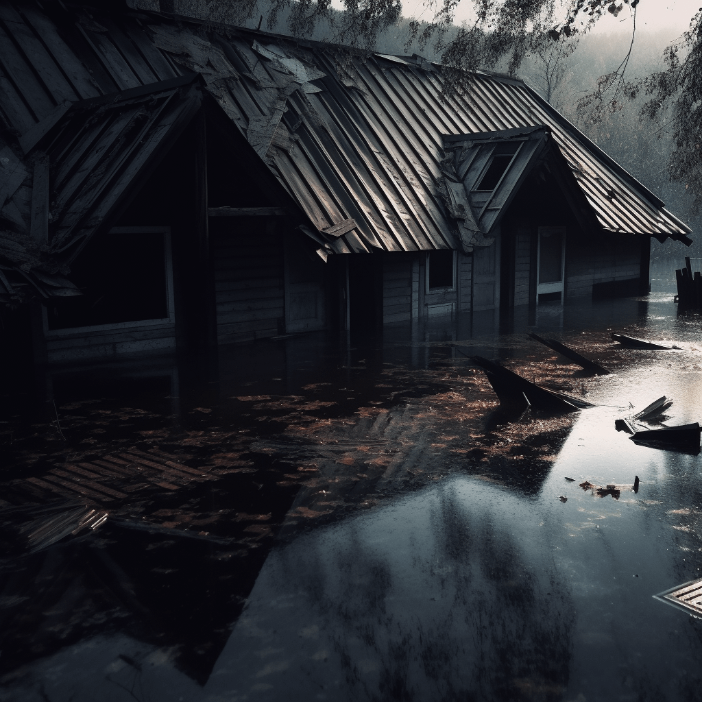 A broken roof of a house, we can see water everywhere