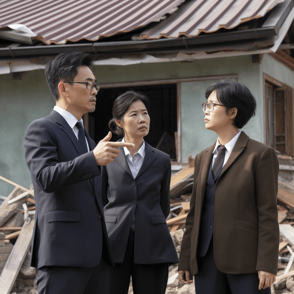 Two insurance brokers talking to a property owner, who looks upset