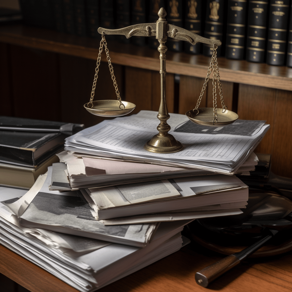 Scales of justice on top of legal files