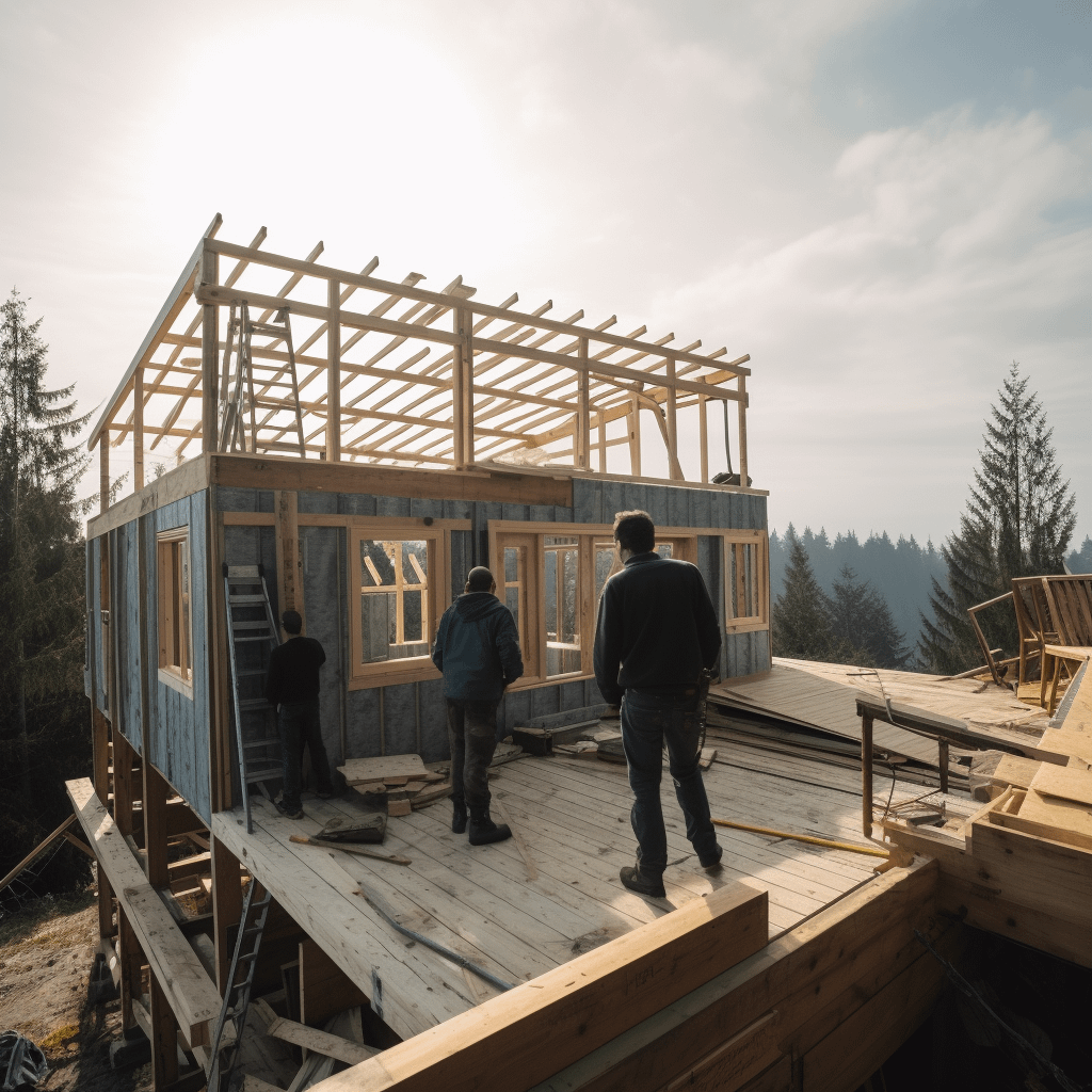 Contractors working on building the sundeck of a big house