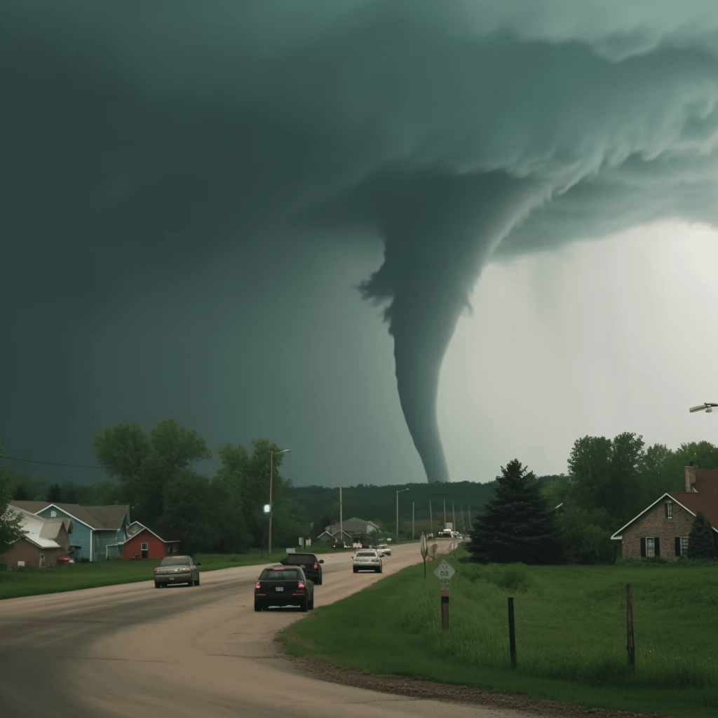 Vehicles rushing home as a giant tornado strikes