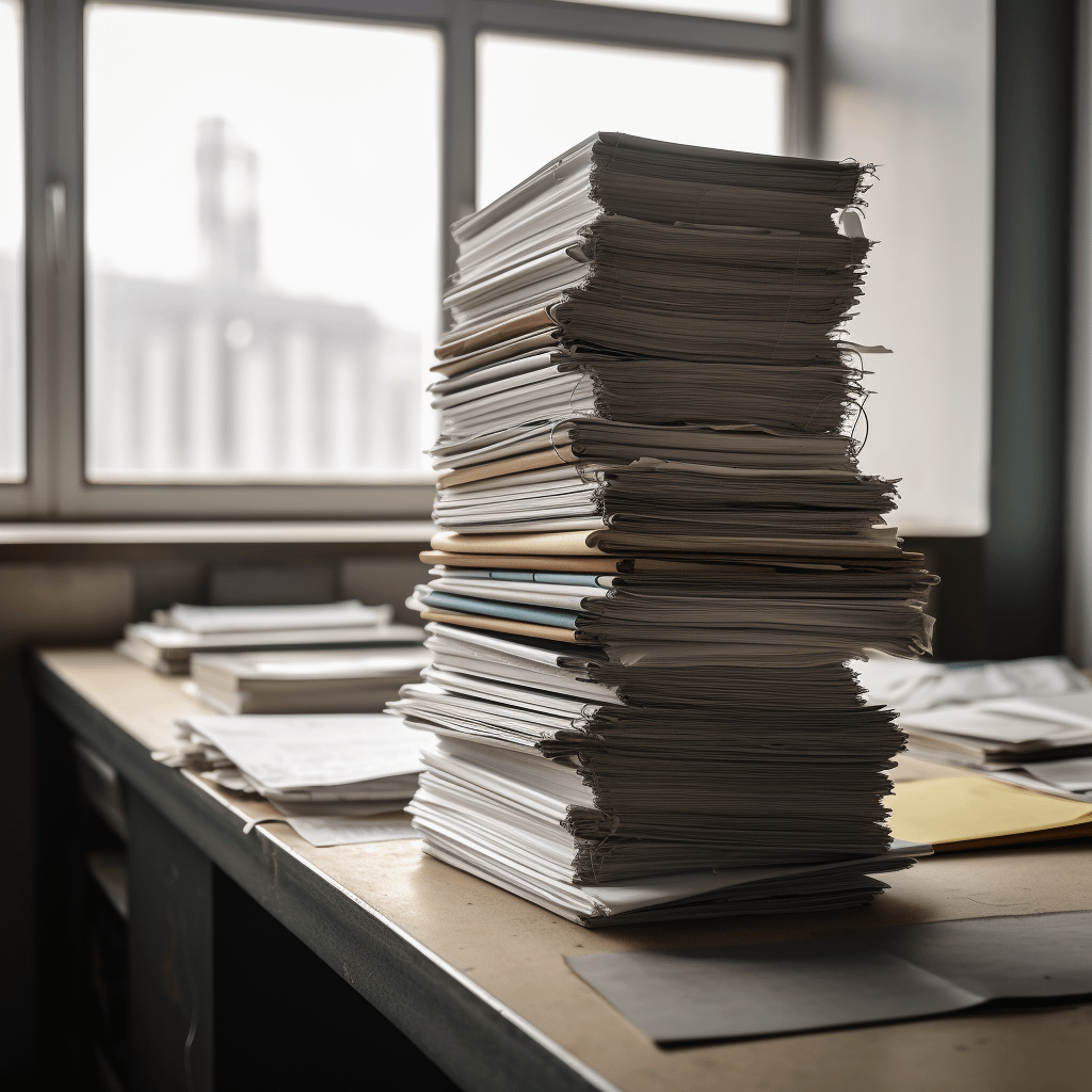 A stack of papers on an office desk.