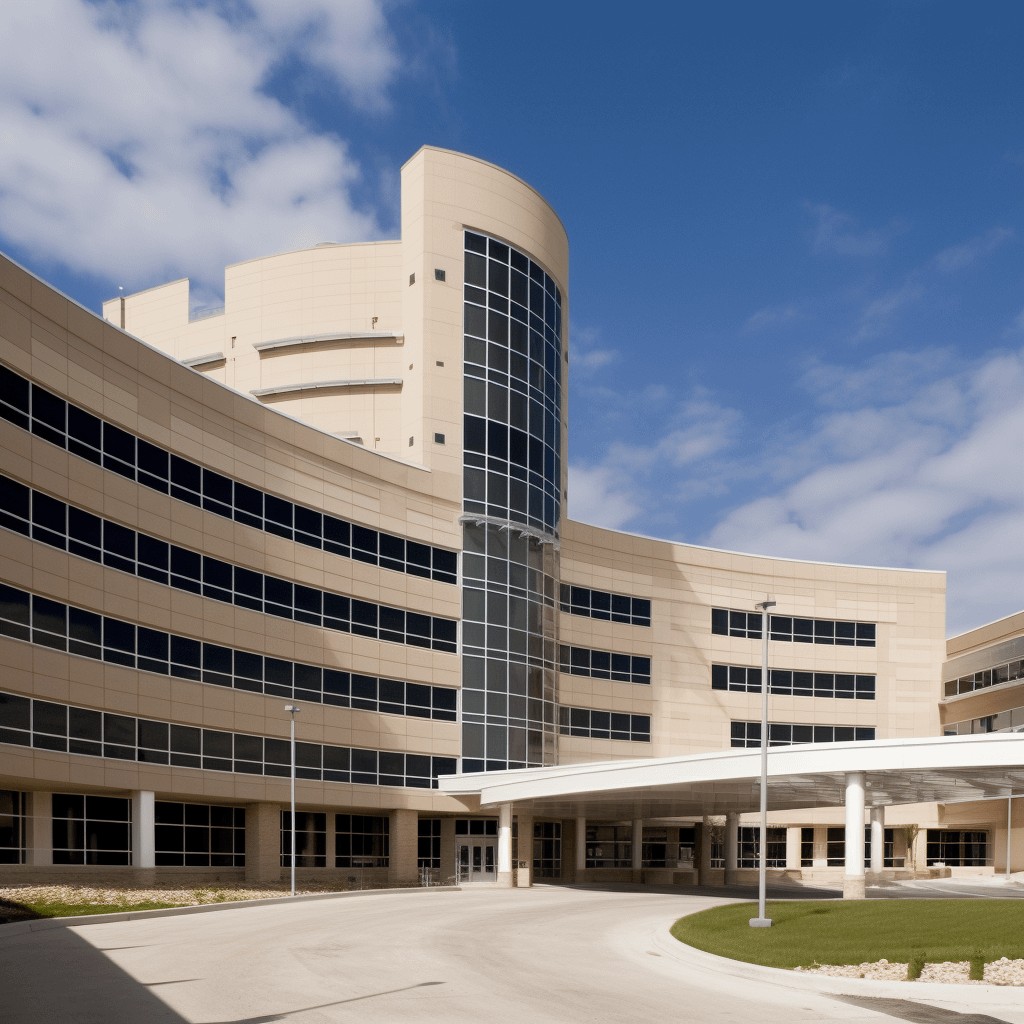 A hospital on a sunny cloudless day