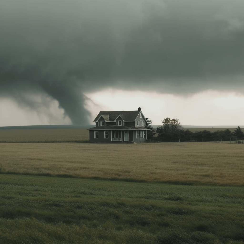 A house in the countryside with a tornado behind it