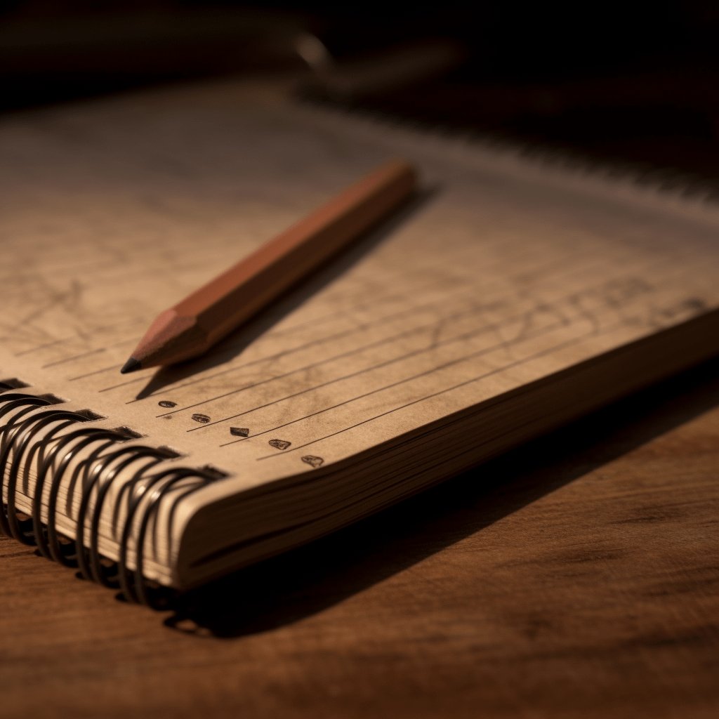A yellow wood pencil lies on a notebook