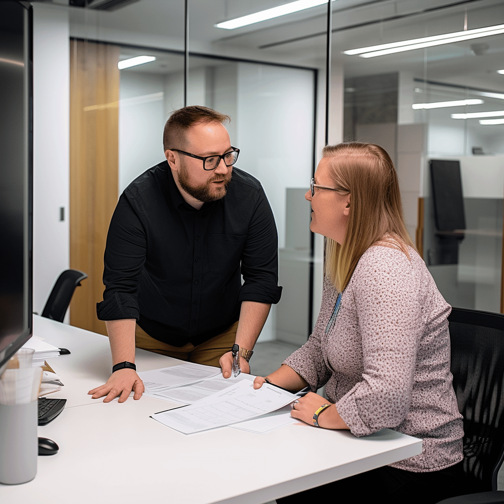 Two people talking in an office setting