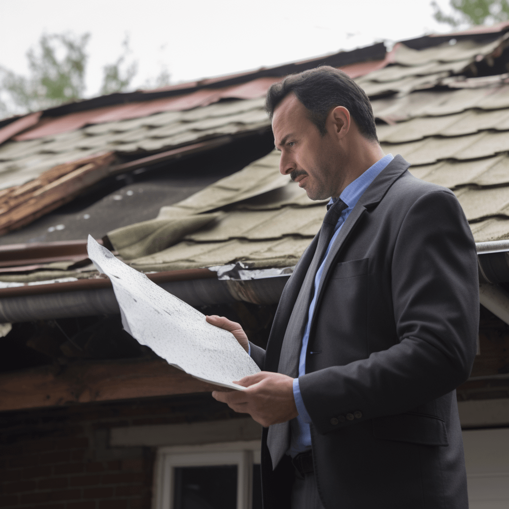 An insurance agent examining a broken roof 