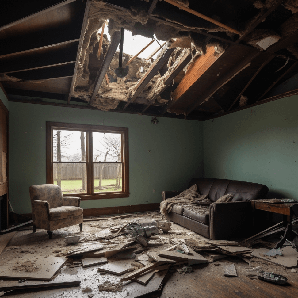 A damaged living room with a broken roof