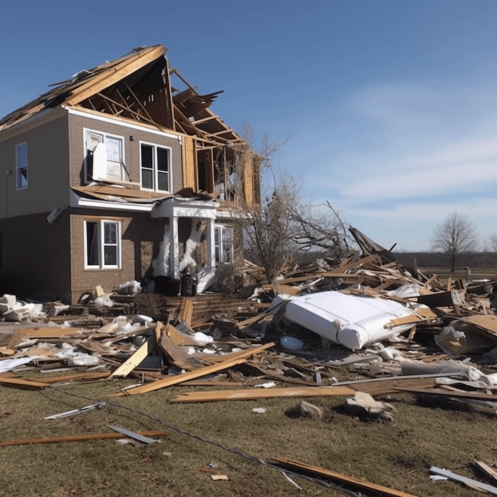 A house appears to be largely destroyed after a tornado