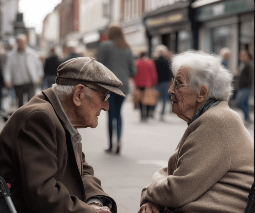 Two older people sitting and talking
