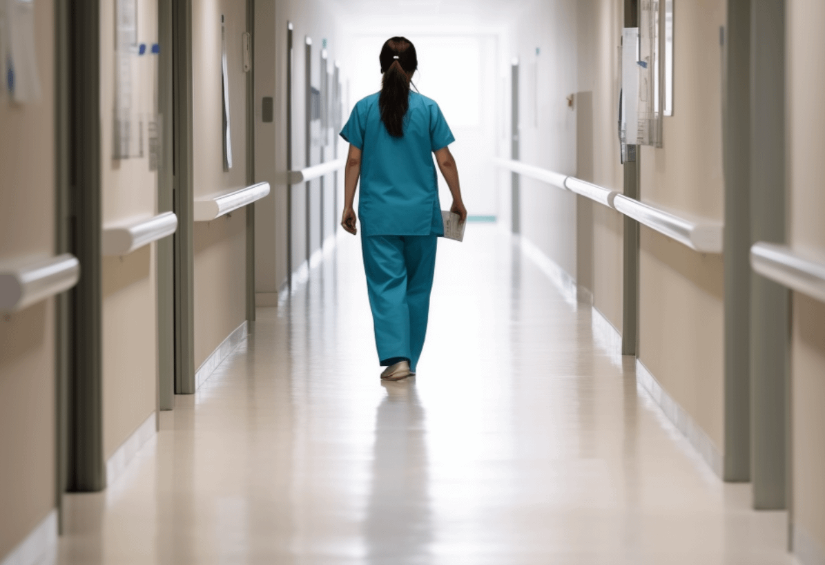 A nurse walking alone; hospital corridor