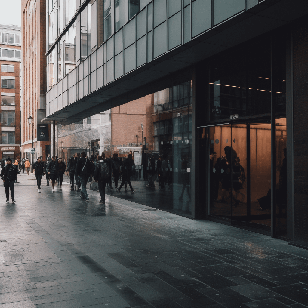 People walking outside a large building