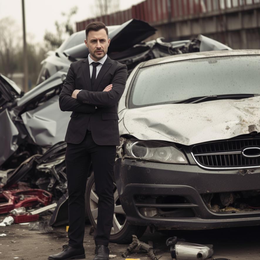Insurance adjuster standing next to a several cars that were in an accident