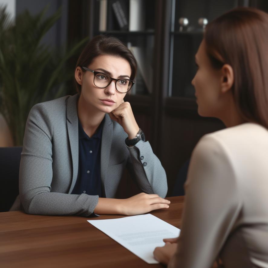 female insurance agent listening to her client with her hand on her chin