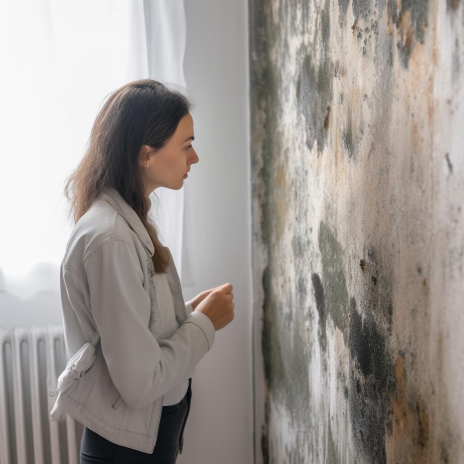 woman inspecting mold-covered wall
