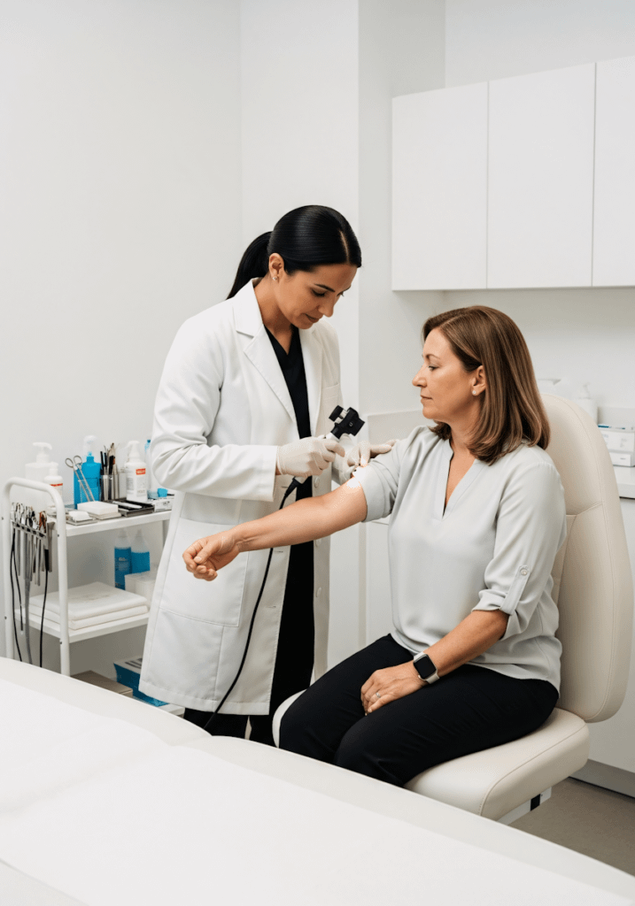 A woman has her blood pressure checked by a doctor in a clinical setting, focusing on her health assessment.